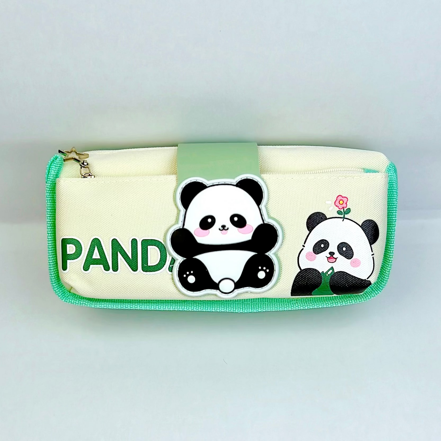 Kawaii Panda Stationery Pouch – Light Green & Cream Double Zipper Case